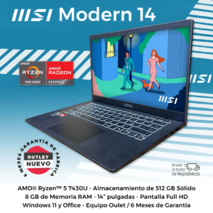 MSI Modern 14. AMD Ryzen 5. 8 GB RAM. SSD de 512 GB. 14". NUEVO OUTLET