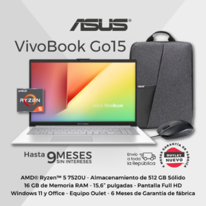 ASUS VivoBook Go 15. AMD Ryzen™ 5 7520U. 16 GB RAM. SSD 512 GB. Pantalla Full HD de 15.6".Windows 11. Office. Incluye mochila. NUEVO OUTLET